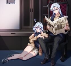 Rule 34 | 1boy, 1girl, absurdres, ahrara, alternate costume, armchair, belt, black footwear, black pants, blue eyes, blue hair, chair, closed mouth, collar, contemporary, drop-shaped pupils, furina (genshin impact), genshin impact, heterochromia, highres, holding, holding newspaper, indoors, jacket, light blue hair, looking at viewer, neuvillette (genshin impact), newspaper, on floor, pants, reading, shirt, shoes, shorts, sitting, smile, symbol-shaped pupils, vest, white hair