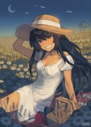Rule 34 | 1girl, absurdres, arm behind head, arm support, arm up, artist name, black eyes, black hair, blanket, blush, breasts, checkered blanket, crescent moon, day, dress, flower, grin, hat, highres, long hair, looking at viewer, mari (faraway) (omori), mari (omori), medium breasts, moon, omori, outdoors, picnic basket, red flower, red rose, remi (mozzaremi), rose, sitting, smile, solo, sun hat, teeth, tire swing, tree, white dress, white flower