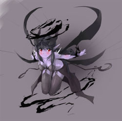 Rule 34 | 1girl, black hair, blush, breasts, cleavage, colored skin, dungeon and fighter, genderswap, horns, monster girl, nellen, ozma, pixiv thumbnail, pointy ears, purple skin, red eyes, resized, simple background, solo, thighhighs, wings