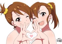 Rule 34 | 2girls, ;), ;d, brown eyes, brown hair, commentary request, futami ami, futami mami, heart, heart hands, heart hands duo, idolmaster, idolmaster (classic), jabara tornado, looking at viewer, multiple girls, one eye closed, open mouth, short hair, short ponytail, siblings, side ponytail, signature, simple background, sisters, smile, twins, upper body, white background