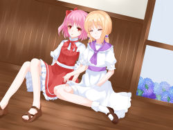 Rule 34 | 2girls, bad id, bad pixiv id, blonde hair, bow, dress, closed eyes, flower, frills, full body, hair bow, hair ornament, looking at viewer, louise (touhou), low twintails, mary janes, multiple girls, nanatuki13, no headwear, no headwear, on floor, open mouth, pink hair, puffy sleeves, red dress, red eyes, ribbon, sandals, sara (touhou), sash, shoes, short hair, short sleeves, side ponytail, sitting, smile, socks, touhou, touhou (pc-98), twintails, white dress, white legwear