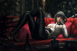 Rule 34 | 1girl, antique phone, ashtray, belt, black gloves, black hair, bottle, breasts, capcom, corded phone, crossed legs, devil may cry (series), dress shirt, glasses, gloves, guweiz, highres, lady (devil may cry), large breasts, lips, lying, no bra, on back, open clothes, open shirt, phone, red eyes, rimless eyewear, rotary phone, shirt, unworn shoe, shoes, unworn shoes, short hair, solo, swept bangs, sword, weapon