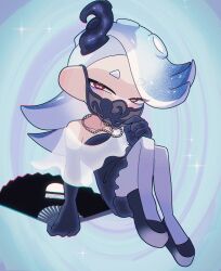 Rule 34 | 1girl, bare shoulders, bead necklace, beads, black dress, black footwear, black gloves, blue background, blue hair, cephalopod eyes, commentary, dress, elbow gloves, folding fan, full body, gloves, hand fan, highres, holding, holding fan, jewelry, long hair, mask, mouth mask, necklace, nintendo, octoling, pantyhose, panu, red eyes, shawl, shiver (splatoon), solo, splatoon (series), splatoon 3, strapless, strapless dress, symbol-only commentary, tentacle hair, white pantyhose, white shawl