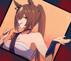 Rule 34 | 1girl, animal ears, armpits, breasts, brown hair, chest sarashi, cleavage, cosplay, ear ornament, gauntlets, hair between eyes, holding, holding stick, horse ears, horse girl, kusanagi kaoru, large breasts, looking at viewer, multicolored hair, red eyes, sarashi, sirius symboli (umamusume), solo, stick, streaked hair, symboli rudolf (archer of the white moon) (umamusume), symboli rudolf (umamusume), symboli rudolf (umamusume) (cosplay), teeth, umamusume, upper teeth only