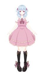 Rule 34 | 1girl, black footwear, blue hair, blush, boots, closed mouth, collared shirt, commentary request, cross-laced footwear, dress, eyebrow piercing, frilled dress, frilled shirt collar, frilled sleeves, frilled socks, frills, full body, highres, kneehighs, lace-up boots, looking at viewer, original, piercing, pigeon-toed, pink dress, pleated dress, polka dot, polka dot dress, purple eyes, shirasu youichi, shirt, short sleeves, simple background, smile, socks, solo, two side up, white background