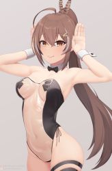 Rule 34 | 1girl, ahoge, alternate costume, black bow, black bowtie, bow, bowtie, breasts, brown eyes, brown hair, closed mouth, covered navel, detached collar, fanbox username, feather hair ornament, feathers, grey background, hair ornament, hairclip, hands up, highres, hololive, hololive english, leotard, medium breasts, meme attire, multicolored hair, nanashi mumei, navel, pasties, patreon username, playboy bunny, pussy, pussy peek, putcher, rabbit pose, sidelocks, simple background, smile, solo, streaked hair, tape, tape on nipples, thigh strap, translucent bunnysuit, virtual youtuber, watermark, web address, wrist cuffs