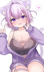 Rule 34 | 1girl, absurdres, ahoge, animal ear fluff, animal ears, black camisole, blush, breasts, camisole, cat ears, cat girl, cat tail, cleavage, cleavage cutout, clothing cutout, heart, highres, hololive, jacket, large breasts, medium hair, mimikaki, navel, nekomata okayu, nekomata okayu (membership), o-ring, o-ring thigh strap, official alternate costume, oguraponti, open clothes, open jacket, open mouth, purple eyes, purple hair, purple jacket, purple shorts, shorts, smile, solo, spoken heart, tail, thigh strap, two side up, virtual youtuber, zipper, zipper pull tab
