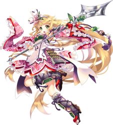 Rule 34 | 1girl, blonde hair, detached sleeves, flower, full body, green eyes, hair flower, hair ornament, holding, holding spear, holding weapon, kamei (oshiro project), matoki misa, official art, one eye closed, open mouth, oshiro project:re, oshiro project:re, polearm, spear, transparent background, weapon