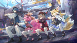 Rule 34 | 1boy, 3girls, absurdres, animal ears, arknights, bibimbub, black footwear, black headwear, black jacket, blonde hair, blue dress, blue hair, blue vest, boots, clenched hand, dress, fox ears, fox tail, glasses, grey hair, highres, jacket, large tail, long braid, long sleeves, low ponytail, miniskirt, morte (arknights), mr. nothing (arknights), multiple girls, multiple tails, o o, official art, outdoors, pants, pantyhose, petticoat, pink hair, pleated skirt, popukar (arknights), red skirt, shamare (arknights), shirt, shoes, skirt, stuffed animal, stuffed toy, suzuran (arknights), tail, thighhighs, vest, white legwear, white pants, white shirt, wide sleeves