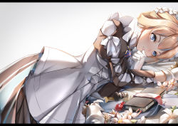 Rule 34 | 1girl, absurdres, apron, blonde hair, blue eyes, book, flower, gloves, hair ornament, highres, letterboxed, lips, long hair, looking at viewer, lubikaya, lying, maid, maid apron, on side, solo, steelblue mirage, warship girls r, white background, white gloves
