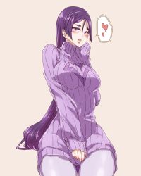 Rule 34 | 1girl, blush, breasts, dress, fate/grand order, fate (series), hand on lap, heart, hourai kochou, large breasts, long hair, long sleeves, looking at viewer, minamoto no raikou (fate), open mouth, parted bangs, purple eyes, purple hair, ribbed sweater, simple background, solo, sweater, sweater dress, turtleneck, turtleneck sweater, very long hair