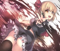 Rule 34 | ass, back, back peek, black dress, black thighhighs, blonde hair, breasts, dress, gluteal fold, hair between eyes, hair ribbon, janne cherry, looking at viewer, open mouth, orange eyes, outstretched arm, red eyes, ribbon, rumia, short hair, small breasts, smile, solo, teeth, thighhighs, thighs, touhou, yellow eyes, zettai ryouiki