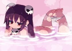 Rule 34 | 1girl, ass, black choker, blush stickers, choker, closed mouth, completely nude, hair ornament, hand up, henrietta (zankuro), highres, jitome, looking at viewer, lying, nude, on stomach, original, panties, unworn panties, partially submerged, purple hair, red eyes, skull hair ornament, smile, solo, underwear, white panties, zankuro