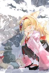 Rule 34 | 1girl, animal, animal ears, arknights, blonde hair, blush, chinese commentary, commentary, day, flower, fox ears, fox girl, fox tail, green eyes, hair flower, hair ornament, hairband, hands up, head tilt, japanese clothes, kimono, kyushi (user 41158199), long hair, long sleeves, looking to the side, outdoors, pink kimono, platform footwear, red hairband, rock, smile, snow, socks, squatting, suzuran (arknights), tabi, tail, teeth, white footwear, white socks