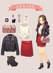 Rule 34 | 1girl, bad id, bad pixiv id, bag, black footwear, black jacket, blush, boots, bottle, brown background, brown hair, closed mouth, collared shirt, cosmetics, earrings, english text, fingernails, green eyes, handbag, high heel boots, high heels, highres, jacket, jewelry, kim bae-eo, leather, leather jacket, lips, lipstick, lipstick tube, long hair, long sleeves, makeup, nail polish, open clothes, open jacket, original, parted bangs, pencil skirt, perfume bottle, purple nails, red skirt, shirt, shoulder bag, simple background, skirt, smile, solo, standing, standing on one leg, white shirt