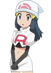 Rule 34 | 1girl, :o, beanie, black gloves, black hair, commentary request, cosplay, cowboy shot, creatures (company), cropped jacket, dawn (pokemon), elbow gloves, eyelashes, game freak, gloves, grey eyes, hainchu, hair ornament, hairclip, hat, highres, jacket, jessie (pokemon), jessie (pokemon) (cosplay), logo, long hair, navel, nintendo, open mouth, own hands together, pokemon, pokemon (anime), pokemon dppt (anime), short sleeves, sidelocks, simple background, skirt, solo, team rocket, team rocket uniform, white background, white hat, white jacket, white skirt