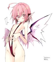 Rule 34 | ..., ahoge, animal ears, arched back, bare arms, bird wings, blush, breasts, cowboy shot, kuroneko no toorimichi, looking at viewer, mystia lorelei, pink hair, red eyes, simple background, sketch, slingshot swimsuit, small breasts, solo, spoken ellipsis, standing, sweat, swimsuit, touhou, white background, wings