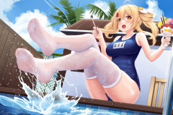 Rule 34 | 1girl, :d, absurdres, ahoge, allenes, bare arms, blonde hair, blue one-piece swimsuit, blush, breasts, building, chain-link fence, collarbone, crossed legs, cup, egg hair ornament, fence, food-themed hair ornament, foot focus, foreshortening, full body, hair between eyes, hair ornament, highres, holding, holding cup, holding spoon, kaguyano, large breasts, long hair, looking at viewer, mayonnaise (kaguyano), no shoes, one-piece swimsuit, open mouth, parfait, poolside, school swimsuit, smile, soles, solo, spoon, swimsuit, thighhighs, twintails, water, wet, wet clothes, wet legwear, white thighhighs, wooden fence, yellow eyes