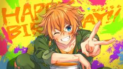 Rule 34 | 1boy, ahoge, blue eyes, dated, fang, from argonavis, grin, happy birthday, jumpsuit, kaminoshima fuuta, lightning bolt symbol, male focus, one eye closed, orange hair, paint, paint can, paint on clothes, paint splatter, paint splatter on face, saigi, smile, solo, upper body, v