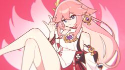 Rule 34 | 1girl, bare shoulders, closed mouth, dress, earrings, floppy ears, flower, fox shadow puppet, genshin impact, headpiece, highres, jewelry, kitsune, knee up, long hair, looking at viewer, low-tied long hair, nontraditional miko, pink background, pink eyes, pink hair, purple eyes, purple flower, red skirt, skirt, smile, solo, very long hair, white dress, xiaohutu, yae miko