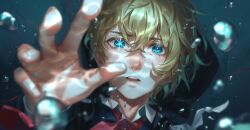 Rule 34 | 1boy, absurdres, betina mascenon, blonde hair, blue eyes, foreshortening, hair between eyes, highres, hoshino aquamarine, liquid, looking at viewer, male focus, necktie, open mouth, oshi no ko, outstretched hand, reaching, reaching towards viewer, red necktie, short hair, solo, star-shaped pupils, star (symbol), symbol-shaped pupils