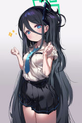 Rule 34 | 1girl, absurdres, aris (blue archive), black hair, black skirt, blue archive, blue eyes, blue necktie, blush, breasts, bright pupils, clenched hands, closed mouth, collared shirt, commentary request, cowboy shot, gradient background, grey background, hair between eyes, halo, hands up, highres, long hair, miniskirt, necktie, one side up, pleated skirt, ringed eyes, school uniform, shirt, shirt tucked in, short sleeves, shuru y, sidelocks, skirt, small breasts, smile, solo, sparkle, thighs, upper body, very long hair, white pupils, white shirt