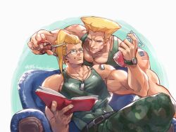 Rule 34 | 2boys, bara, blonde hair, blue eyes, charlie nash, cutting hair, dog tags, fefeather, green tank top, guile, male focus, multiple boys, muscular, muscular male, scissors, street fighter, tank top