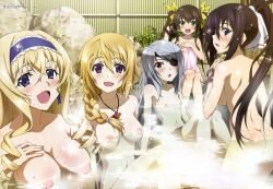 Rule 34 | 5girls, blonde hair, breasts, brown hair, cecilia alcott, charlotte dunois, completely nude, green eyes, grey hair, huang lingyin, infinite stratos, large breasts, laura bodewig, long hair, medium breasts, midriff, multiple girls, nipples, nude, purple eyes, red eyes, shinonono houki, short hair, small breasts, twintails, water, wet