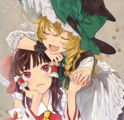 Rule 34 | 2girls, apron, blonde hair, bow, braid, commentary request, detached sleeves, closed eyes, green bow, green ribbon, hair bow, hair ribbon, hair tubes, hakurei reimu, holding hands, hand on own cheek, hand on own face, hat, hat bow, head rest, heart, interlocked fingers, kayako (tdxxxk), kirisame marisa, multiple girls, open mouth, red eyes, ribbon, single braid, touhou, tress ribbon, waist apron, witch hat, wrist cuffs, yellow neckwear