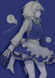 Rule 34 | 1girl, apron, between fingers, blue background, blue eyes, bow, braid, hair bow, holding, holding knife, izayoi sakuya, knife, knives between fingers, looking at viewer, maid apron, maid headdress, monrooru, sash, silver hair, simple background, sketch, solo, touhou, twin braids
