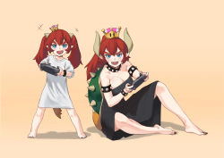 Rule 34 | &gt;:d, 2girls, armlet, bare shoulders, barefoot, black dress, black nails, blue eyes, bowsette, bowsette jr., bracelet, breasts, cleavage, collar, controller, crown, dress, eyebrows, feet, full body, game controller, gamepad, highres, horns, jewelry, kndy, large breasts, long hair, mario (series), mother and daughter, multiple girls, nail polish, new super mario bros. u deluxe, nintendo, nintendo switch, playing games, pointy ears, ponytail, red hair, sharp teeth, shirt, simple background, sitting, spiked bracelet, spiked collar, spikes, standing, strapless, strapless dress, super crown, t-shirt, tail, teeth, toenail polish, toenails, toes, turtle shell, twintails, v-shaped eyebrows, white shirt, wireless