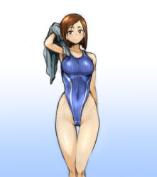 Rule 34 | 1girl, arm at side, arm behind head, arm up, blue background, blue one-piece swimsuit, blush, bob cut, breasts, brown eyes, brown hair, closed mouth, commentary, competition swimsuit, covered navel, eizouken ni wa te wo dasu na!, feet out of frame, gradient background, henriiku (ahemaru), highleg, highleg swimsuit, holding, holding towel, inverted bob, looking at viewer, medium breasts, mizusaki tsubame, one-piece swimsuit, ribbed swimsuit, short hair, smile, smirk, solo, standing, swept bangs, swimsuit, thick eyebrows, thigh gap, thighs, towel