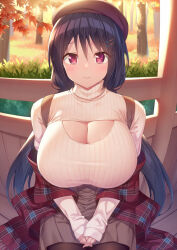 Rule 34 | 1girl, autumn, beret, black hair, blush, breasts, cleavage, cleavage cutout, closed mouth, clothing cutout, hair between eyes, hair ornament, hairclip, hat, highres, huge breasts, kazuma (kazumav), long hair, long sleeves, looking at viewer, low twintails, original, outdoors, red eyes, red hat, ribbed sweater, sleeves past wrists, solo, sweater, turtleneck, turtleneck sweater, twintails, white sweater