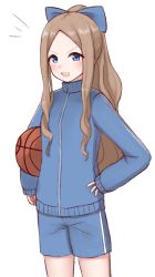Rule 34 | 1girl, absurdres, alternate costume, alternate hairstyle, asakaze (kancolle), ball, basketball, basketball (object), blue bow, blue eyes, blue jacket, blue shorts, bow, commentary request, forehead, gym uniform, hair bow, highres, jacket, kantai collection, light brown hair, long hair, parted bangs, ponytail, shorts, sidelocks, simple background, smile, solo, tiemu (man190), track jacket, wavy hair, white background
