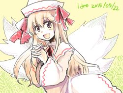 Rule 34 | 1girl, 2015, blonde hair, dated, dress, hat, interlocked fingers, lily white, long hair, ribbon, simple background, smile, solo, tako (plastic protein), touhou, wings