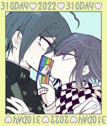 Rule 34 | 2boys, ahoge, arms up, black hair, black jacket, blush, buttons, card, checkered clothes, checkered scarf, danganronpa (series), danganronpa v3: killing harmony, dated, double-breasted, eye contact, from side, green background, hair between eyes, heart, highres, holding, holding card, implied kiss, jacket, long sleeves, looking at another, multicolored hair, multiple boys, oma kokichi, profile, purple hair, saihara shuichi, scarf, short hair, striped clothes, striped jacket, suzuko (katahaba v3), sweat, yaoi