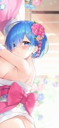 Rule 34 | 1girl, ass, ayamy, blue eyes, blue flower, blue hair, blunt bangs, blush, breasts, closed mouth, commentary, day, floral print, flower, from side, hair between eyes, hair flower, hair ornament, head on pillow, highres, indoors, japanese clothes, kimono, large breasts, looking at viewer, no bra, no panties, out-of-frame censoring, pillow, pink flower, raised eyebrows, re:zero kara hajimeru isekai seikatsu, rem (re:zero), short hair, shoulder blades, solo, sunlight, white kimono, x hair ornament
