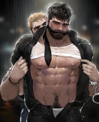 Rule 34 | 2boys, abs, assisted exposure, bara, bare pectorals, beard, behind another, black hair, black pants, blush, cuffs, dopey (dopq), eyebrow cut, facial hair, handcuffs, highres, large pectorals, male focus, male pubic hair, male underwear, male underwear peek, mature male, multiple boys, muscular, muscular male, mustache, navel, navel hair, necktie, night, nipples, open clothes, open fly, open pants, open shirt, original, pants, pectorals, police, police uniform, policewoman, presenting another, pubic hair, pubic hair peek, rain, salaryman, see-through, shirt, short hair, sideburns, stomach, thick eyebrows, underwear, undone necktie, undressing another, uniform, unworn necktie, upper body, wet, wet clothes, wet hair, wet shirt, white male underwear, yaoi