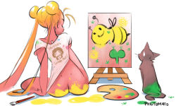 Rule 34 | 1girl, arm support, ass, bare shoulders, bee, bishoujo senshi sailor moon, blonde hair, bob ross, bottomless, bug, cat, closed eyes, clothes pull, dimples of venus, highres, insect, long hair, on floor, paint, paint on body, paintbrush, philtomato, princess serenity, sailor moon, short sleeves, sitting, solo, sweatdrop, tsukino usagi, twintails, very long hair