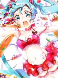 Rule 34 | 1girl, aqua eyes, aqua hair, blueberry, food, fruit, hatsune miku, keepout, bridal garter, long hair, navel, open mouth, outstretched arms, pancake, skirt, solo, soramu, spread arms, strawberry, tattoo, thighhighs, twintails, very long hair, vocaloid