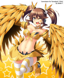 Rule 34 | 1girl, ;d, blush, boots, breasts, brown hair, butter-t, cleavage, detached collar, facial mark, feather hair ornament, feathered wings, feathers, front-tie top, hair ornament, harpy, headset, leg lift, legs, microphone, miniskirt, monster girl, navel, no panties, one eye closed, open mouth, original, panties, pantyshot, shiny skin, skirt, smile, solo, standing, standing on one leg, star (symbol), star facial mark, striped clothes, striped thighhighs, tail, thighhighs, twintails, underwear, upskirt, winged arms, wings, wink, yellow eyes