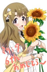 Rule 34 | 1girl, :d, anniversary, black necktie, blush, bow, brown eyes, brown hair, flower, future signature (idolmaster), hair bow, hair ornament, highres, holding, holding flower, idolmaster, idolmaster million live!, long hair, looking at viewer, miyao miya, necktie, open mouth, puffy short sleeves, puffy sleeves, run p (aveton), short sleeves, simple background, smile, solo, sunflower, thick eyebrows, tongue, white background, yellow bow, yellow flower