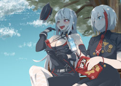 Rule 34 | 2girls, admiral graf spee (azur lane), admiral graf spee (girl&#039;s sunday) (azur lane), aiguillette, azur lane, bag of chips, black gloves, blue eyes, blush, breasts, bugles (food), check commentary, cleavage, cloud, commentary request, fishnet thighhighs, fishnets, gloves, grey hair, hat, highres, himeno tatsuta, large breasts, long hair, medal, multicolored hair, multiple girls, necktie, official alternate costume, one eye closed, open mouth, peaked cap, pink eyes, red hair, red necktie, short hair, short sleeves, teeth, thighhighs, tongue, tongue out, two-tone hair, upper teeth only, white thighhighs, yorck (azur lane)