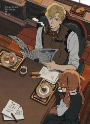 Rule 34 | 1boy, 1girl, ace attorney, blonde hair, blue eyes, book, cane port, chair, closed mouth, cup, drill hair, from above, goggles, hair rings, herlock sholmes, highres, holding, holding book, holding cup, holding newspaper, indoors, iris wilson, letter, long hair, long sleeves, male focus, newspaper, orange hair, pen, reading, short hair, sitting, smoking, smoking pipe, table, teacup, the great ace attorney, twintails, vest
