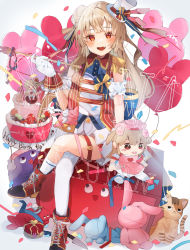 Rule 34 | 1girl, absurdres, balloon, black footwear, blonde hair, crossed legs, epaulettes, fang, full body, gloves, hair ornament, hat, higa (gominami), highres, long hair, looking at viewer, natori sana, open mouth, red eyes, sana channel, sitting, solo, stuffed toy, toy, two side up, virtual youtuber, white background, white gloves, white legwear