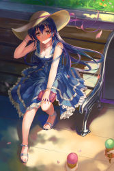 Rule 34 | 10s, 1girl, alternate costume, bag, bench, blue dress, blue hair, blurry, blush, bracelet, closed mouth, depth of field, dress, earrings, feet, floating hair, flower, food, frills, grass, hair between eyes, handbag, hat, hat ribbon, highres, holding, holding food, ice cream, ice cream cone, jewelry, lipstick, long hair, looking at viewer, love live!, love live! school idol festival, love live! school idol project, makeup, motion blur, necklace, out of frame, park bench, pendant, petals, pink hair, ribbon, ring, sandals, shade, sitting, sleeveless, sleeveless dress, smile, solo focus, sonoda umi, summer, sun hat, toes, ushas, very long hair, yellow eyes