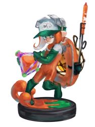 Rule 34 | 1girl, bad id, bad pixiv id, baseball cap, boots, closed mouth, full body, gloves, green footwear, green gloves, grey eyes, hat, holding, leg up, lifebuoy, looking at viewer, medium hair, nintendo, octoling, octoling girl, octoling player character, oimo (oimkimn), orange hair, overalls, paint, rubber boots, rubber gloves, salmon run (splatoon), simple background, smile, solo, splat bomb (splatoon), splatoon (series), splatoon 2, standing, standing on one leg, swim ring, tentacle hair