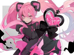 Rule 34 | #compass, 1girl, alternate color, black dress, bow, dress, elbow gloves, gloves, hair ornament, heart, heart hair ornament, highres, long hair, long sleeves, looking at viewer, pink hair, ririka (#compass), solo, twintails, very long hair, wand, yusya11