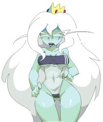 Rule 34 | 1girl, adventure time, blue skin, colored skin, covered navel, cowboy shot, crown, curvy, gluteal fold, gris swimsuit, hand on own hip, highres, ice queen (adventure time), legs together, long eyebrows, long hair, meme, meme attire, narrow waist, navel, neamosub, one-piece swimsuit, queen, revealing clothes, sharp teeth, simple background, solo, standing, strapless, strapless one-piece swimsuit, swimsuit, teeth, thigh gap, translucent, very long hair, white background, white hair, wide hips