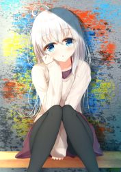 Rule 34 | 1girl, :o, ahoge, aties20, between legs, black pantyhose, blue eyes, blush, brown skirt, collarbone, commentary request, feet out of frame, hair between eyes, hand between legs, head tilt, knees together feet apart, long hair, long sleeves, looking at viewer, original, pantyhose, parted lips, ribbed sweater, silver hair, skirt, sleeves past wrists, solo, sweater, very long hair, white sweater